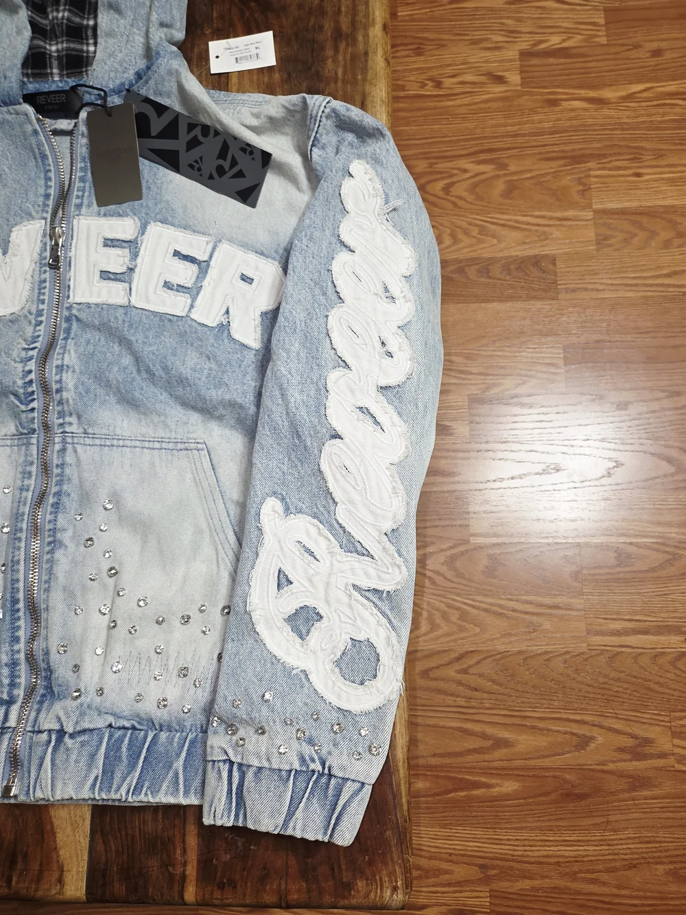Reever Jeans Men's Denim Jacket W/ Light Blue Wash And Full Patchwork. Size XL.